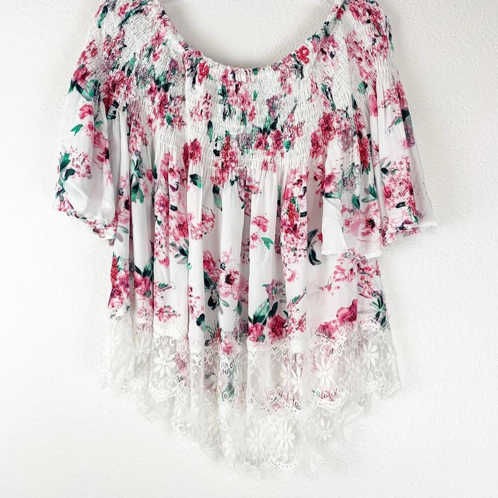 Umgee Shirt Womens Large Off Shoulder Floral Lace Trim Boho Dainty‎ Feminine L